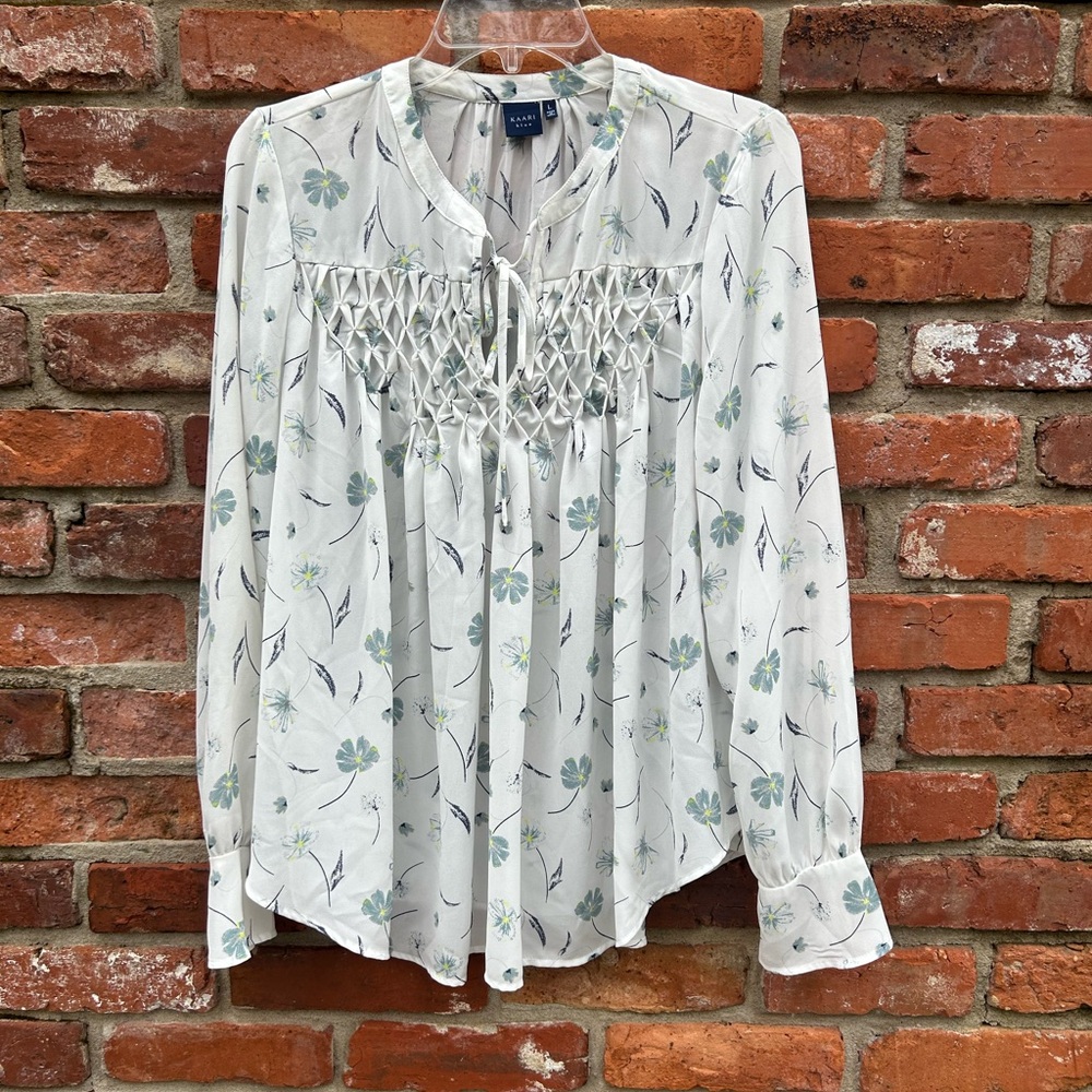 Karri Blue White Floral Women's Blouse Size Large
